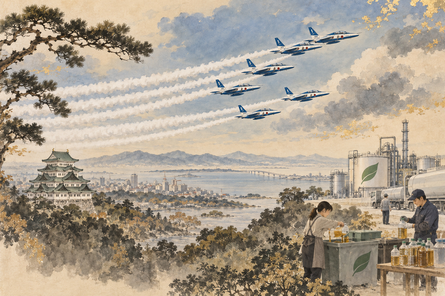 愛知を思わせる風景の上を飛ぶ青と白の航空機と、地上の廃食用油回収容器を描いた概念イラスト