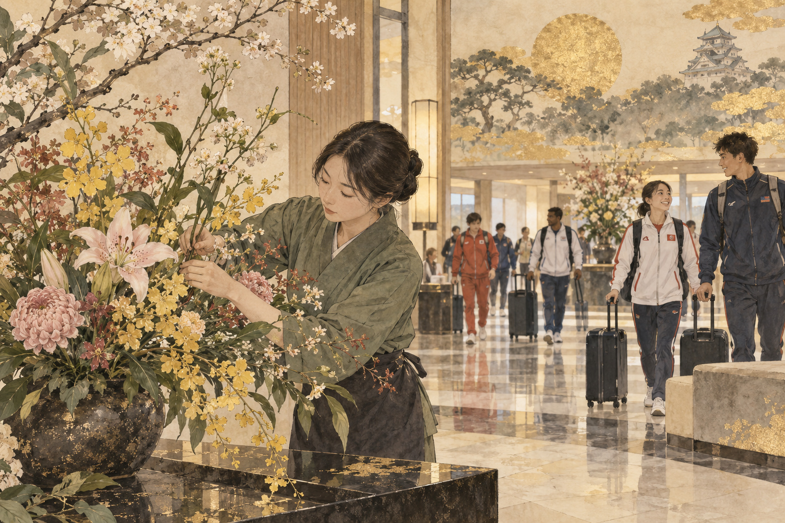 花を整える生産者と背景の選手たちを、淡い墨と色彩で表した概念イラスト