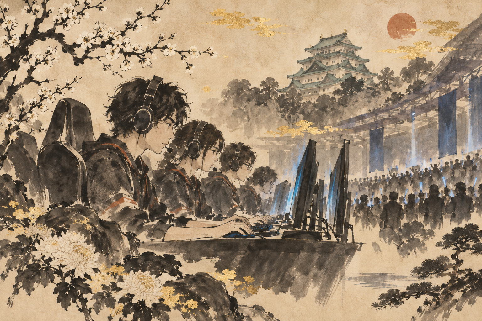 ゲーム用の画面に向かう選手たちと観客を描いた水墨画風の編集イラスト