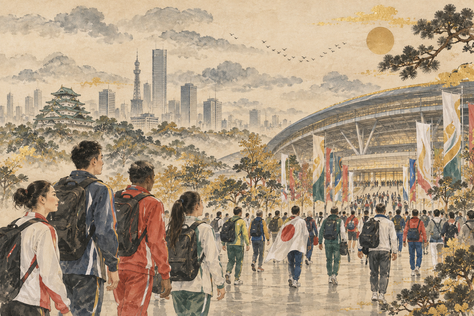 名古屋の街並みを背景に競技場へ向かう選手や観客を描いた水墨画風のイラスト