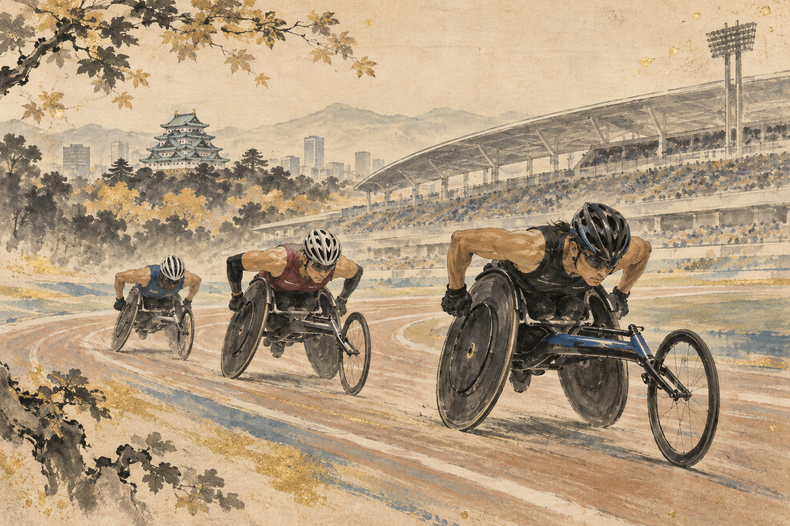 競技用車いすでトラックを走る選手たちを描いた水墨画風イラスト