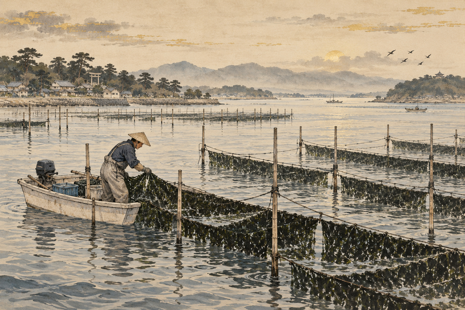 穏やかな沿岸の海で小舟からノリ網を手入れする漁業者を描いた水墨画風の概念イラスト