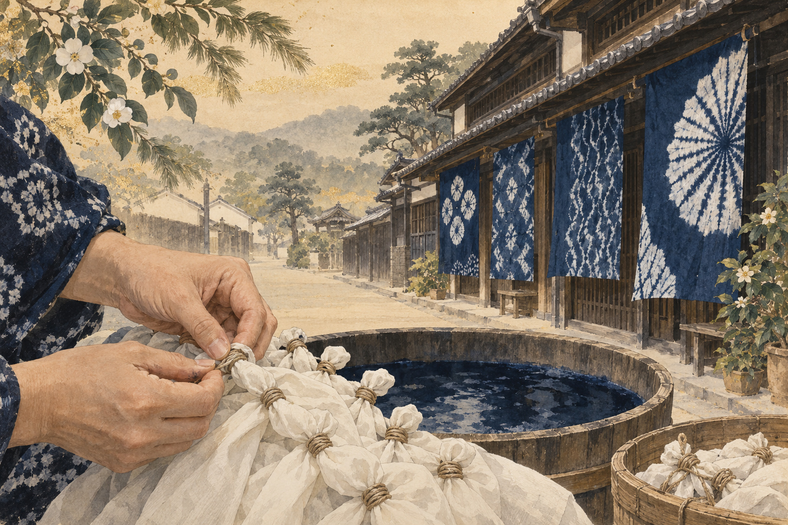 布を括る手と、青い絞り布を掛けた商家を描く水墨画風イラスト
