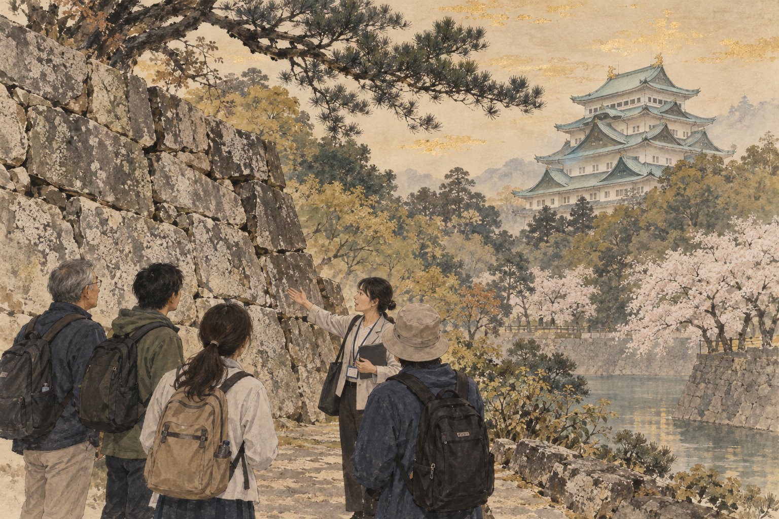名古屋城を背景に石垣のそばで説明を聞く人々を描いた水墨画風のイラスト