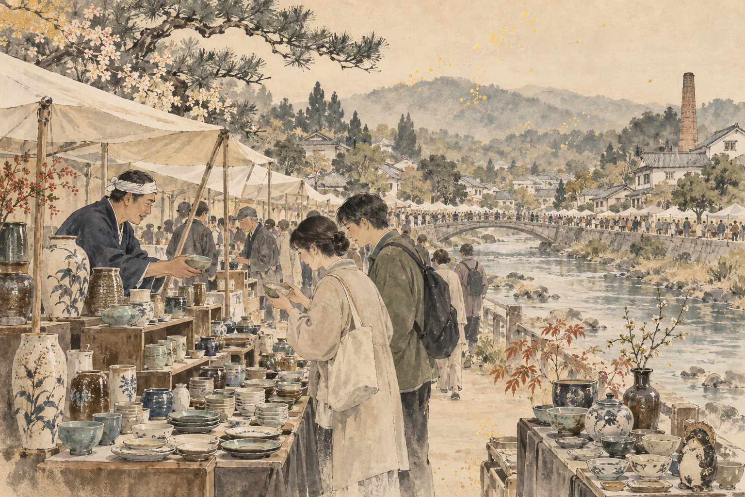 川沿いの陶磁器市で器を見る来場者と販売する人を描いた水墨画風イラスト