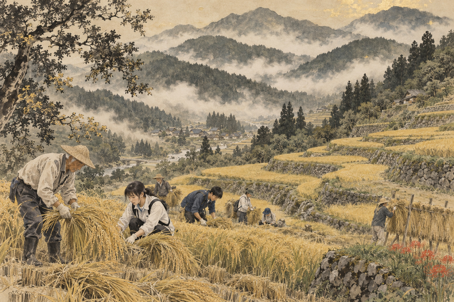 山あいの棚田で学生と農家が共同作業をする姿を描いた水墨画風の概念イラスト