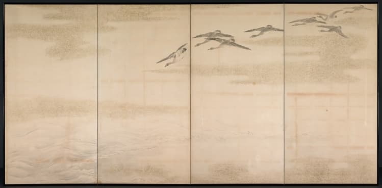 山本梅逸の四曲一双屏風。上段に葦と三羽の雁、下段に飛ぶ雁の群れと水面。二隻を上下に並べた美術館画像