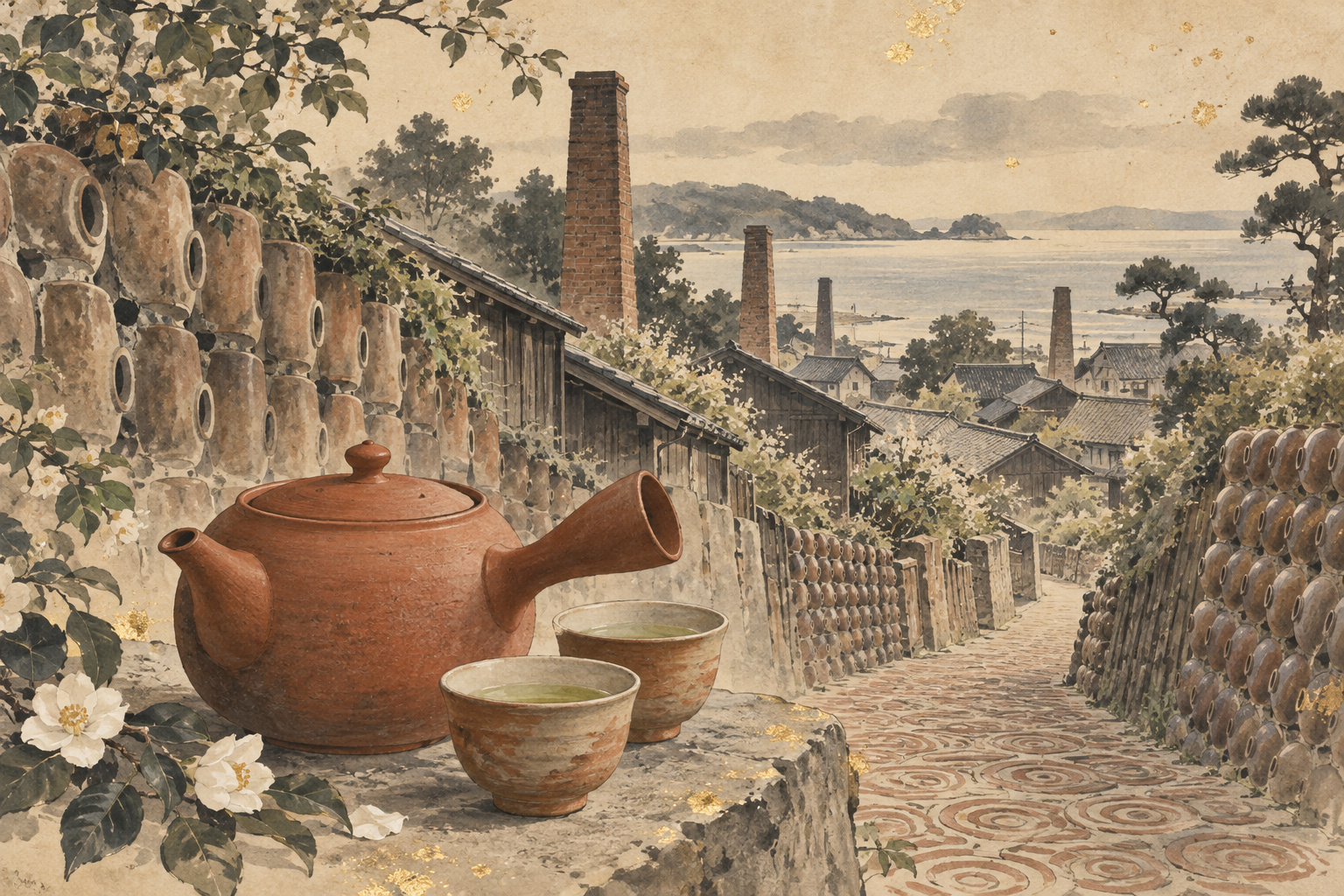 赤い横手急須と湯のみ、陶器の壁や煙突がある町を描いた水墨画風イラスト