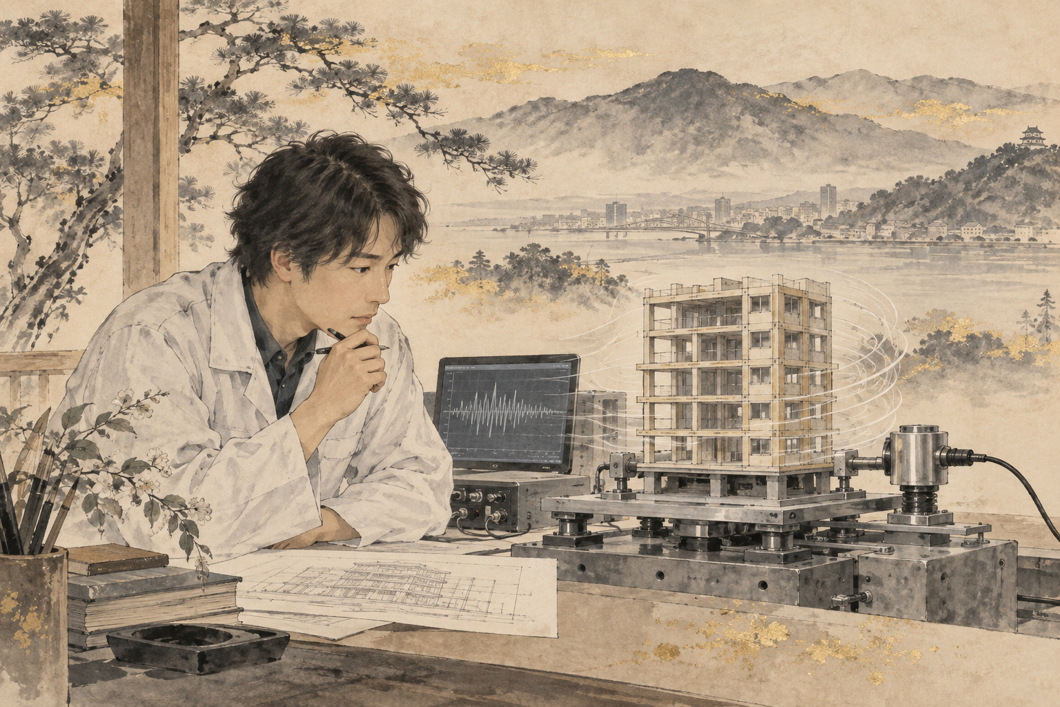 建物の模型と振動試験装置、力センサを調べる技術者を描いた概念イラスト